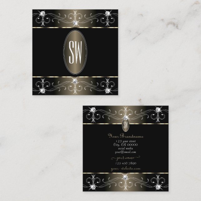 Pretty Black and Beige Ornate Ornaments Monogram Square Business Card (Front/Back)