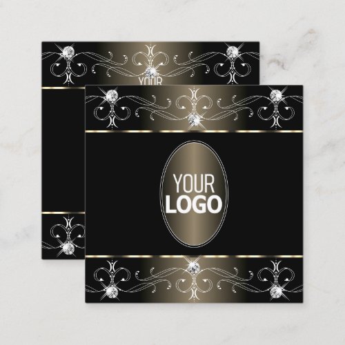 Pretty Black and Beige Ornate Ornaments with Logo Square Business Card