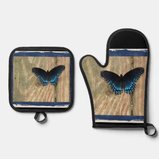 Pretty Black and Blue Butterfly Oven Mitt & Pot Holder Set