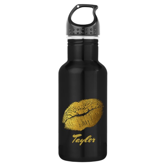Pretty Black and Gold Lips Personalize Water Bottle (Front)