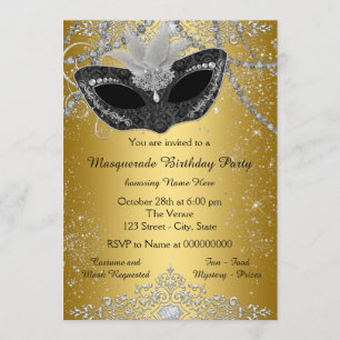 Pretty Black and Gold Masquerade Party Invitation
