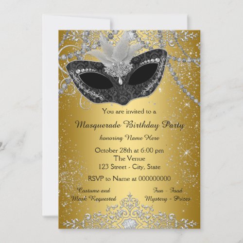 Pretty Black and Gold Masquerade Party Invitation