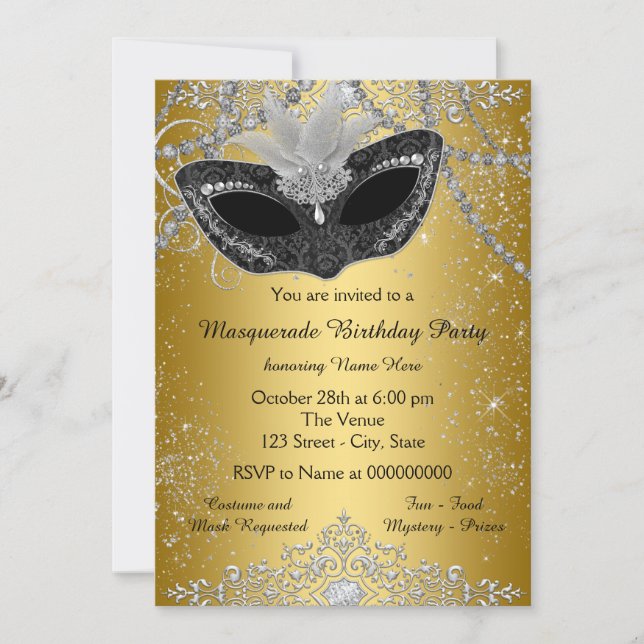 Pretty Black and Gold Masquerade Party Invitation (Front)