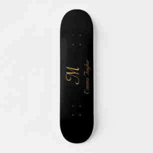 Pretty Black and Gold Monogram Script Name Skateboard