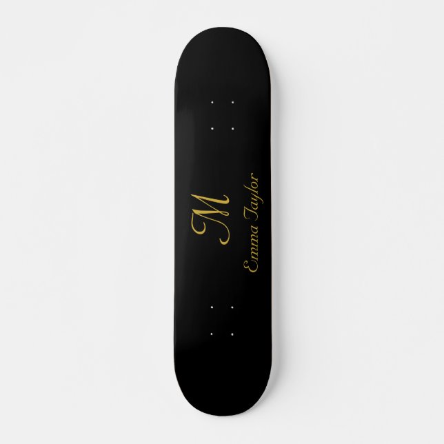 Pretty Black and Gold Monogram Script Name Skateboard (Front)