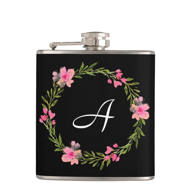 Pretty Black and Pink Floral Monogrammed Flask (Front)