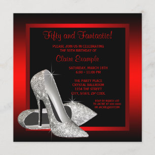 Pretty Black and Red Glitter High Heels Birthday Invitation