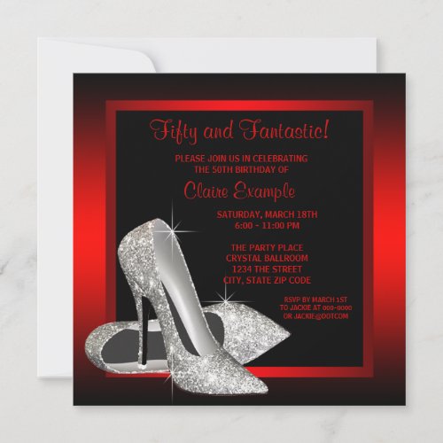 Black Red Glitter High Heels Womans 50th Birthday Custom Invite