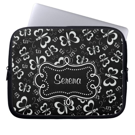 Pretty Black and White Butterflies with Name Tag Laptop Sleeve