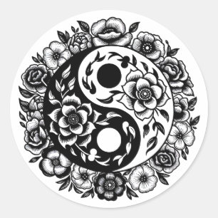 Pretty Black and White Floral Yin Yang Classic Round Sticker