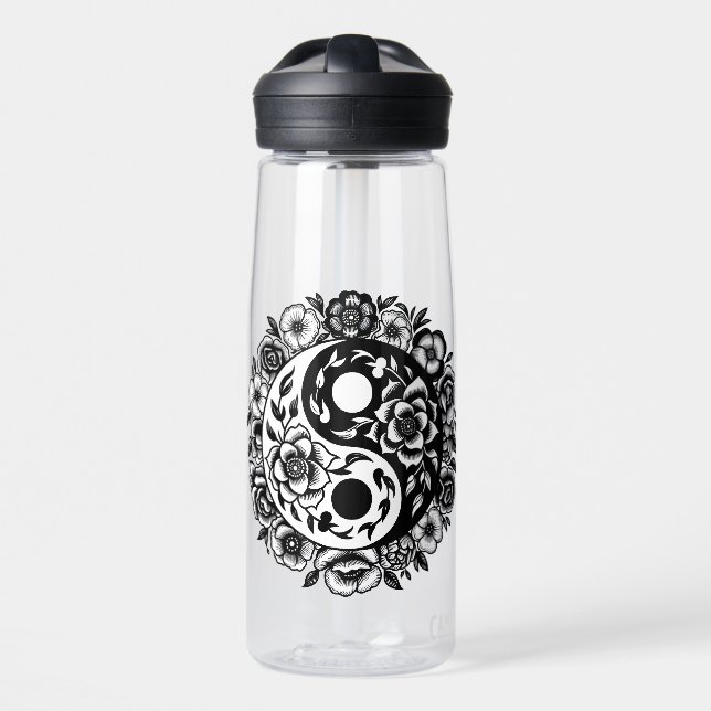 Pretty Black and White Floral Yin Yang Personalize Water Bottle (Front)