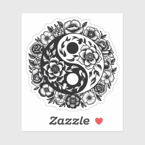 Pretty Black and White Floral Yin Yang Sticker