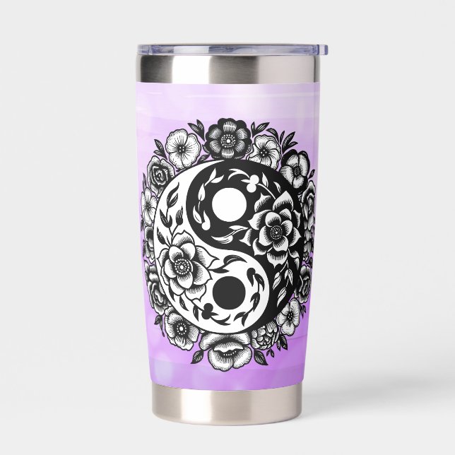 Pretty Black and White Floral Yin Yang Water Bottl Insulated Tumbler (Left)