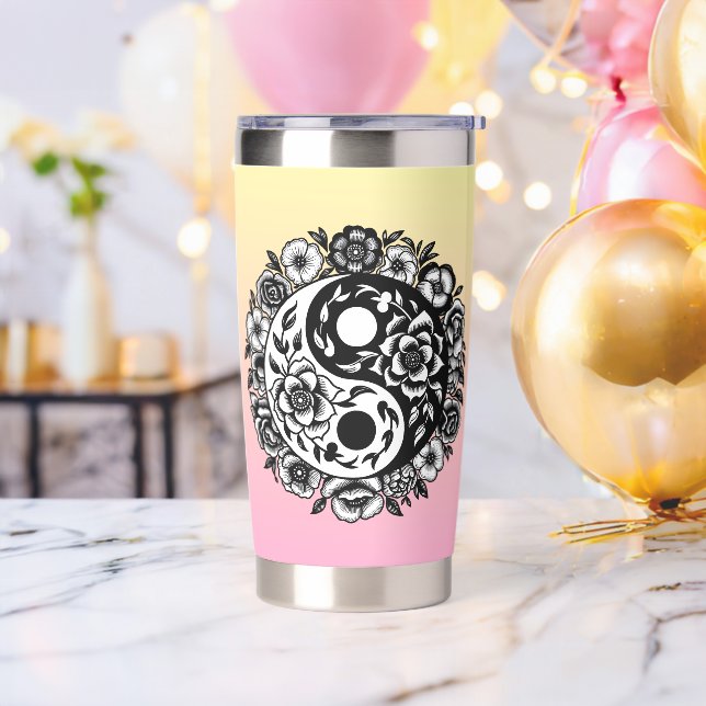 Pretty Black and White Floral Yin Yang Water Bottl Insulated Tumbler (Bachelor Party)