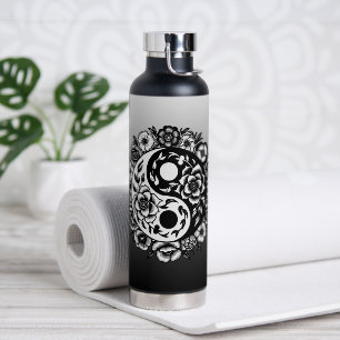 Pretty Black and White Floral Yin Yang Water Bottl Water Bottle