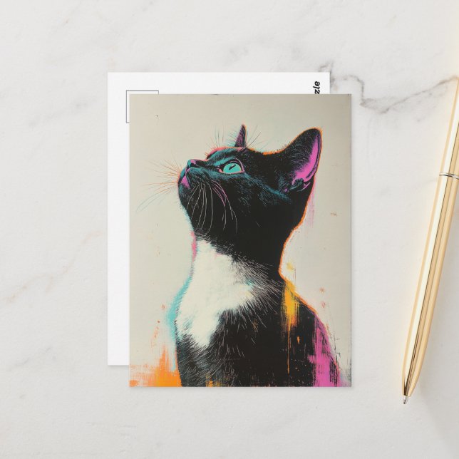 Pretty Black and White Kitty With Pink and Yellow  Postcard (Front/Back In Situ)