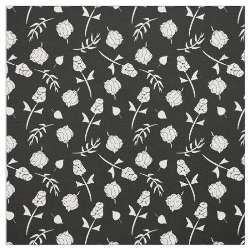 Pretty Black and White Roses Rosebud Floral Print Fabric