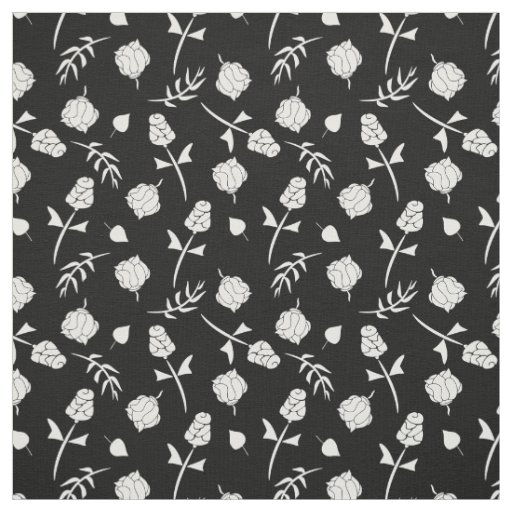 Pretty Black and White Roses Rosebud Floral Print Fabric