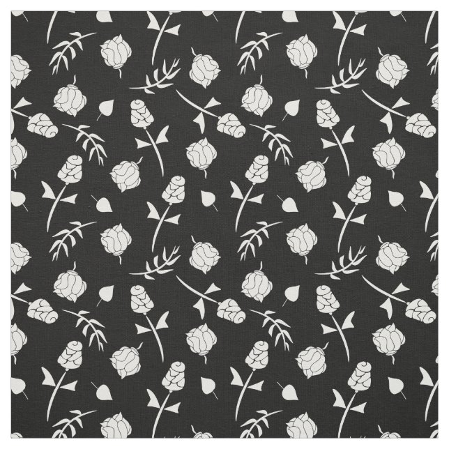 Pretty Black and White Roses Rosebud Floral Print Fabric (Swatch)