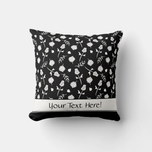 Pretty Black and White Roses Rosebud Floral Print Throw Pillow