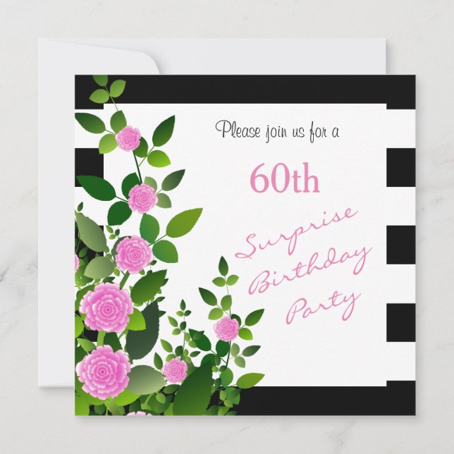 Pretty Black and White Stripes with Pink Roses Invitation (Back)