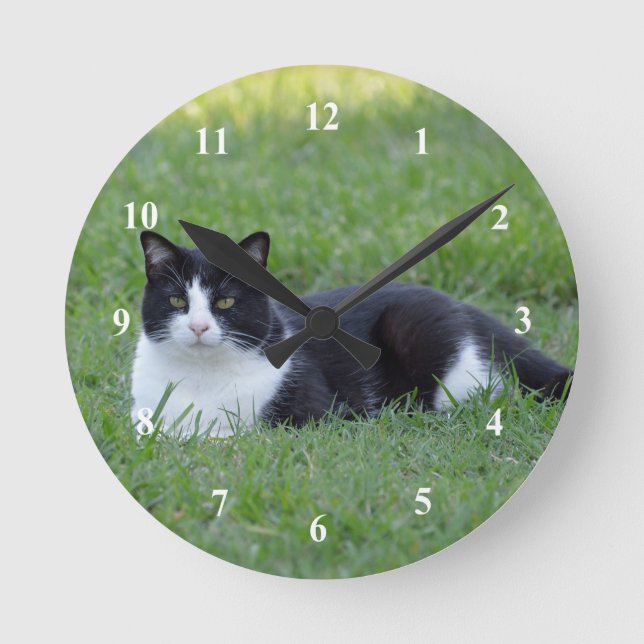 Pretty Black and White Tuxedo Cat Photo Round Clock (Front)
