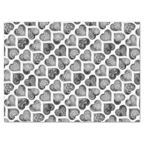 Pretty Black and White Watercolor Hearts Patterned Tissue Paper