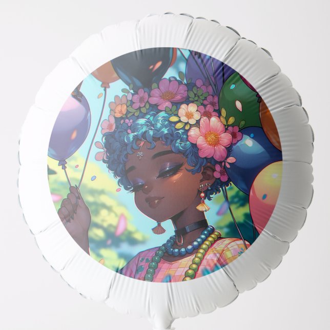 Pretty Black Anime Girl with Birthday  Balloon (Front)