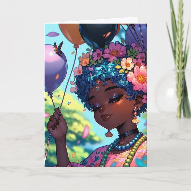 Pretty Black Anime Girl with Birthday Balloons Card (Front)