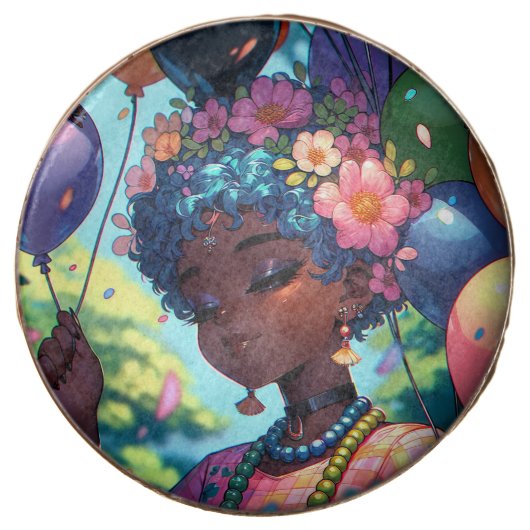 Pretty Black Anime Girl with Birthday Chocolate Covered Oreo (Front)