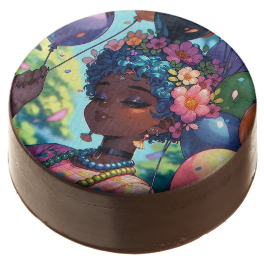 Pretty Black Anime Girl with Birthday Chocolate Covered Oreo (Angled)