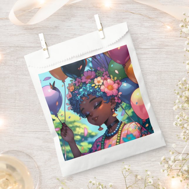 Pretty Black Anime Girl with Birthday  Favor Bag (Clipped)