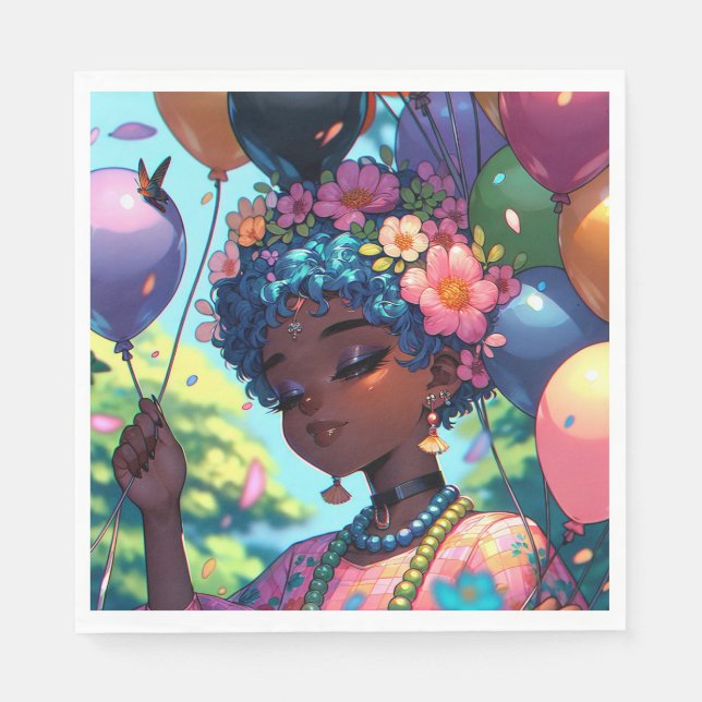 Pretty Black Anime Girl with Birthday  Napkins (Front)