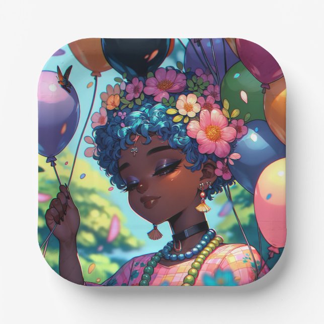 Pretty Black Anime Girl with Birthday  Paper Plates (Front)