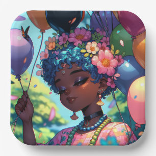 Pretty Black Anime Girl with Birthday Paper Plates