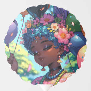 Pretty Black Anime Girl with Birthday Personalized Balloon