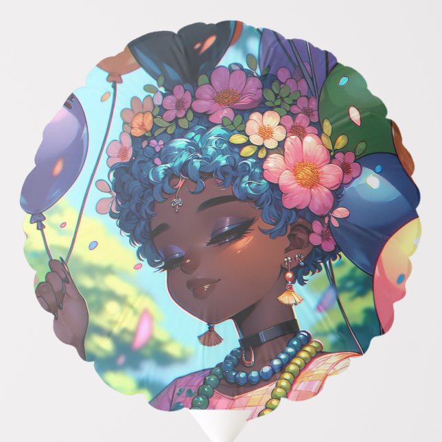 Pretty Black Anime Girl with Birthday Personalized Balloon (Front)