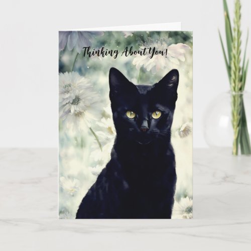 Pretty Black Cat Concerned Thinking About You Card