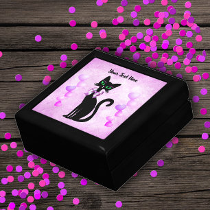 Pretty Black Cat Green Eyes Bow Pink Hearts Gift Box