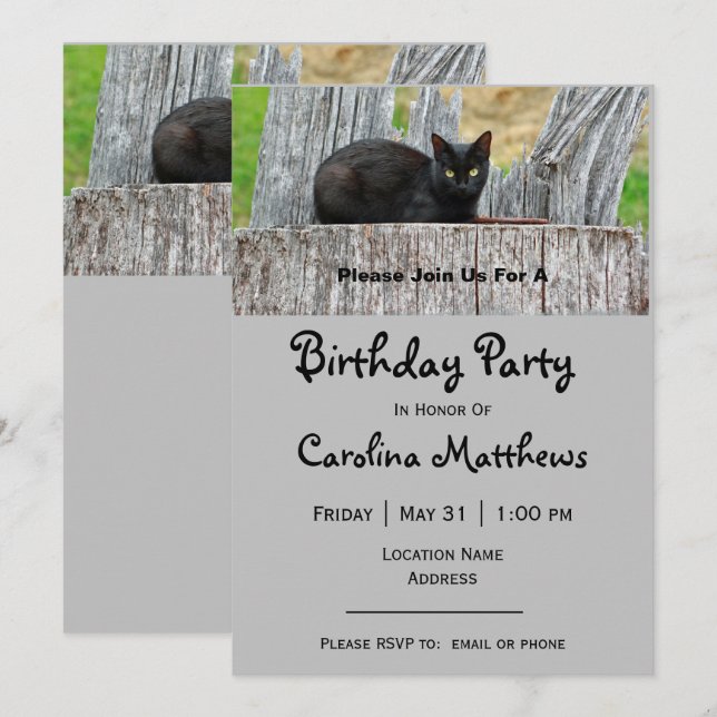 Pretty Black Cat Log Photo Birthday Invitation (Front/Back)