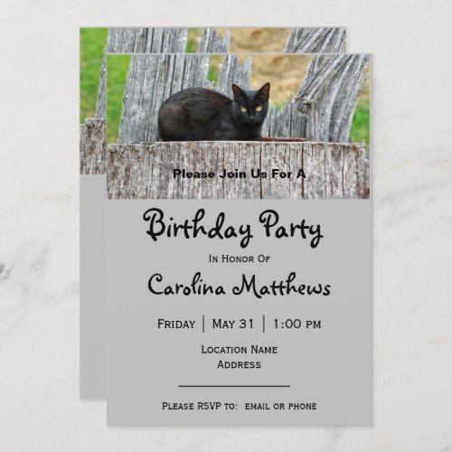 Pretty Black Cat Log Photo Birthday Invitation