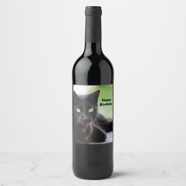 Pretty Black Cat Photo Birthday Wine Label (Front)