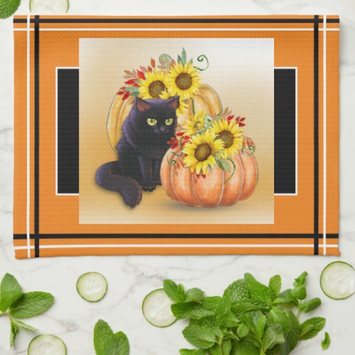 Pretty Black Cat  Pumpkin Halloween Kitchen Towel