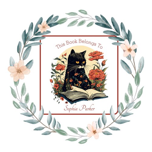 Pretty Black Cat With Book Floral Bookplate
