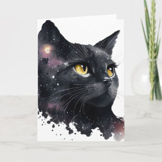 Pretty Black Cosmic Watercolor Cat Card