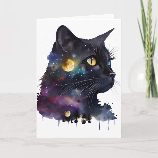 Pretty Black Cosmic Watercolor Space Cat Card (Front)