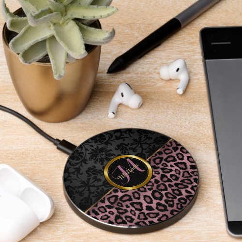 Pretty Black Damask and Rose Gold Leopard Wireless Charger