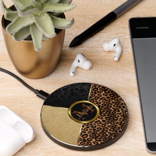 Pretty Black Damask Gold Glitter and Leopard Wireless Charger