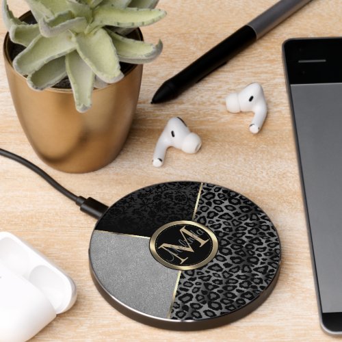 Pretty Black Damask Silver Glitter and Leopard Wireless Charger