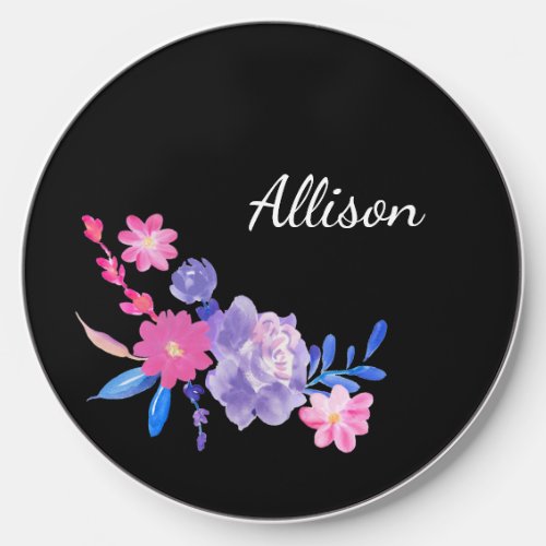 Pretty Black Floral Custom Monogram Add Your Name Wireless Charger